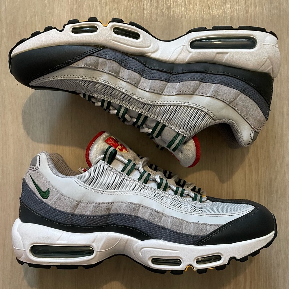 Nike Men’s Air Max 95 Sneakers in White, Gray, Black with Green Accents